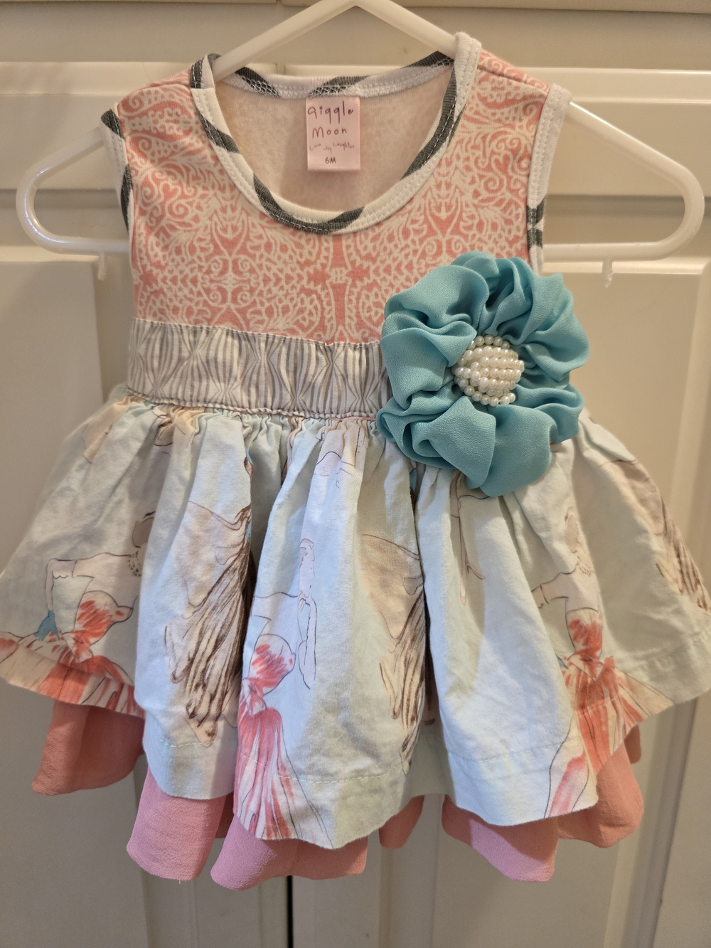 Giggle Moon Pink & Aqua Floral Layered Dress with Decorative Flower